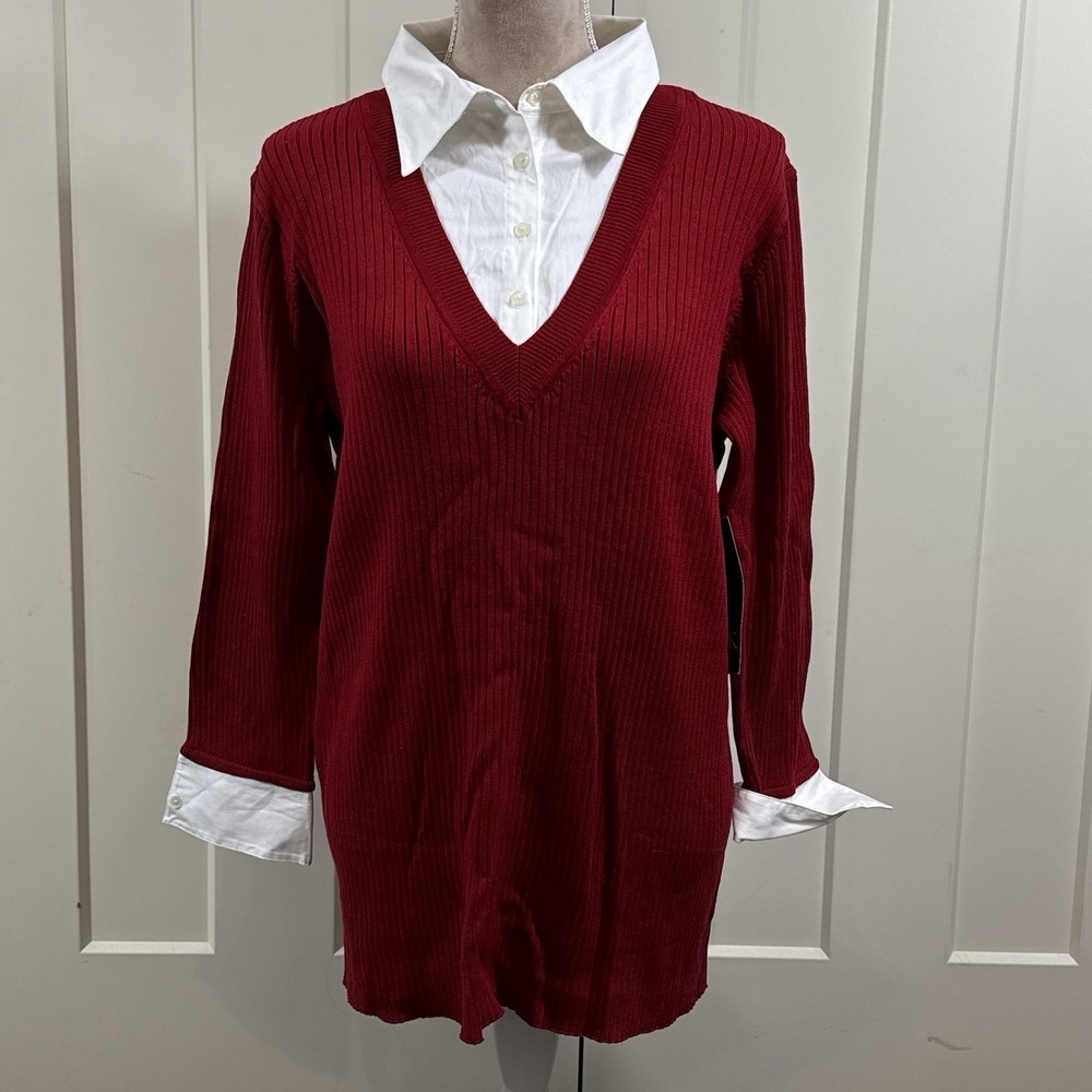 Anne Klien Women's 3X Red Layered Knit Sweater White Collar Long Sleeve